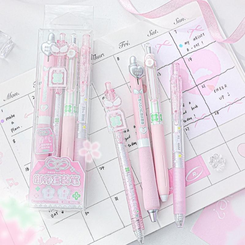 4pcs Good Luck Gel Pens Set Sweety Japanese Style 0.5mm Ballpoint Black Ink for Writing Student Back to School Kids Gift A3142