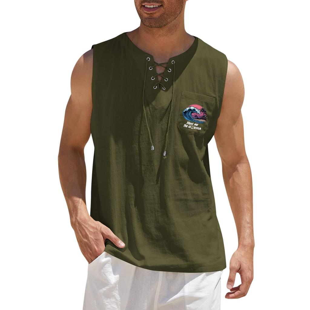 Men's Hawaiian Print Tank Top, Loose Fit Sleeveless Shirt with Adjustable Tie, Casual Beach Summer Top