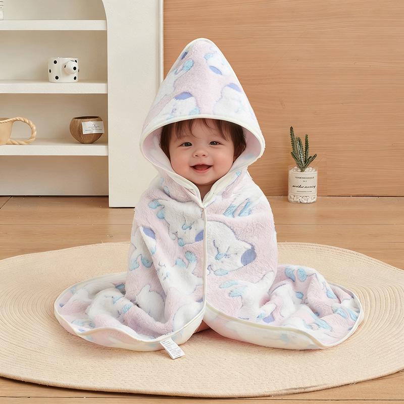 Cartoon Hooded Baby Swaddle & Bath Towel - Coral Fleece, Absorbent, Embroidered, Newborn To Toddler