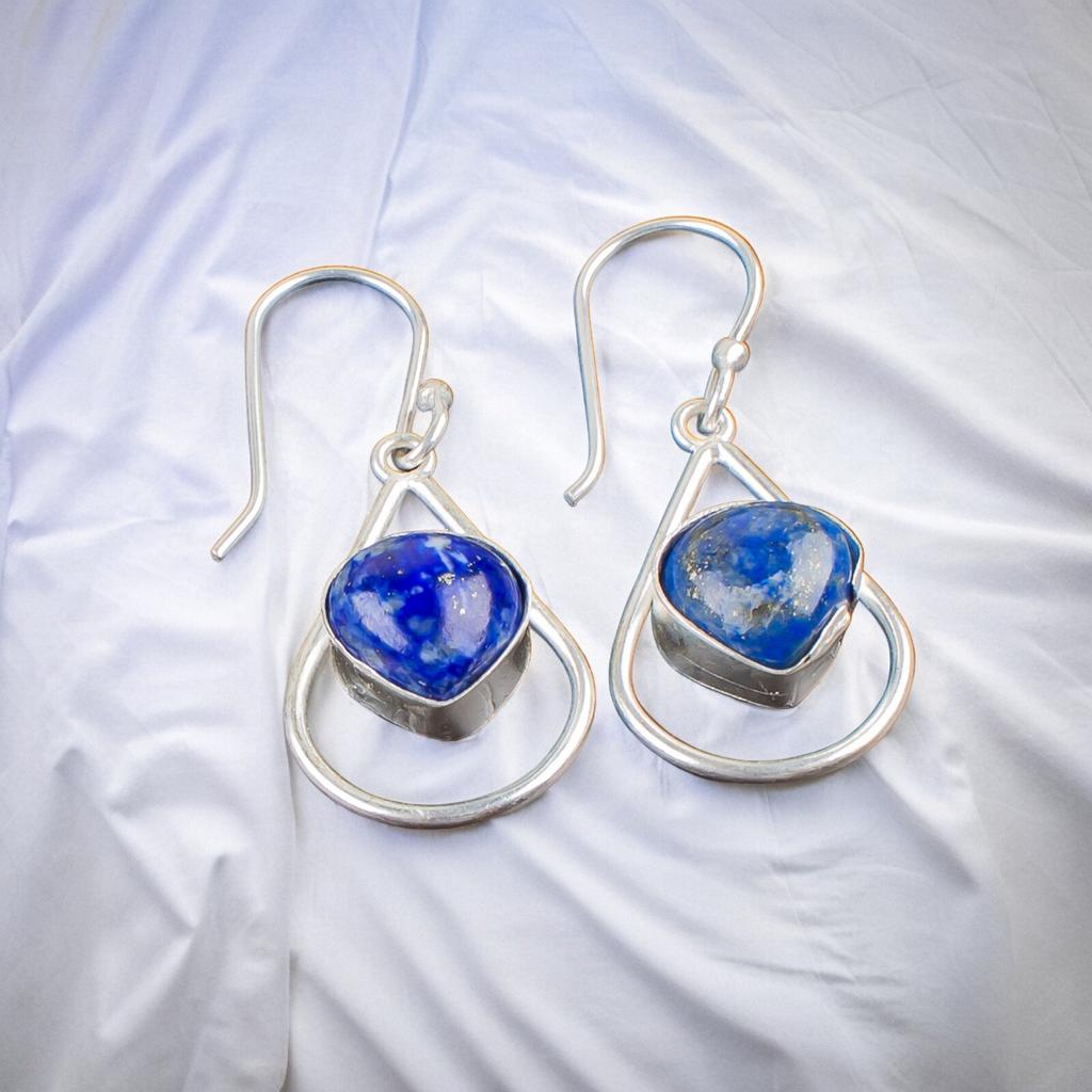 Přírodní drahokam Lapis Lazuli Stříbro ryzosti 925 Visací náušnice Svatební dar EE-38-25