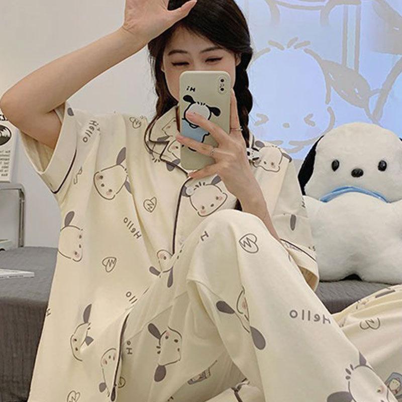 

Pacha Dog Pajamas Female Cute Cartoon Summer Loungewear Casual And Comfortable Cardigan Short-Sleeved Trousers Two-Piece Set M