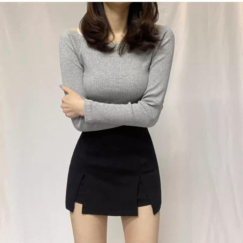 Schwarze knielange Rockhose für Damen - Sommerliche schlankmachende High-Waist-Rockshorts mit Schlitz