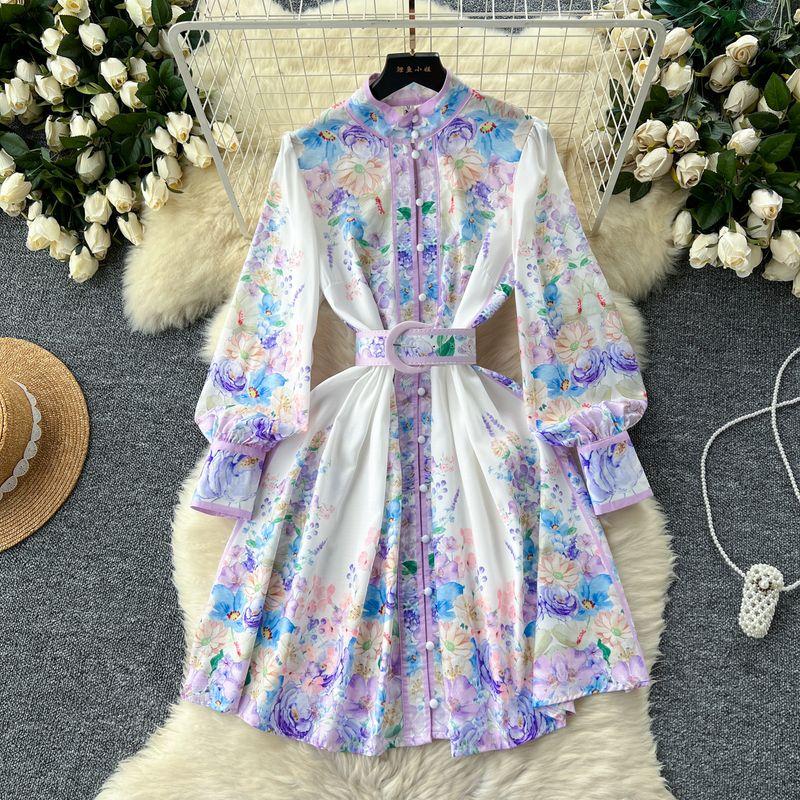 

and American Women s Clothing Dress 2024 New Arrival Ladies Retro Stand Collar Single-Breasted Print Waist-Controlled Long Sleeves A- line Skirt Purple M