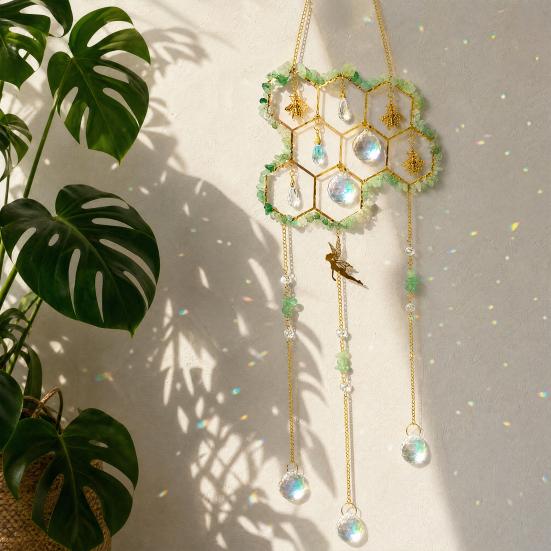 Yousheng Honeycomb Crystals Suncatcher, Window Hanging Pendants, Sun Catcher with Crystal Prisms, Sparkling Wind Chimes, Home Indoor Outdoor Garden