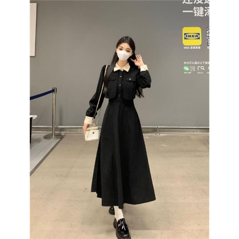 

Contrast color lapel temperament waist line fake two-piece skirt high-end niche corduroy dress women 2XL