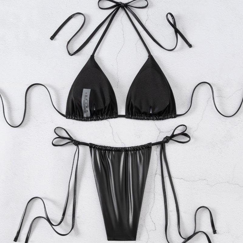 Kadın Mayosu Seksi Siyah Halter Yaka Üçgen Çanta Yanı Dantelli Bikini Bölünmüş Takım Plaj Giyim Mayo