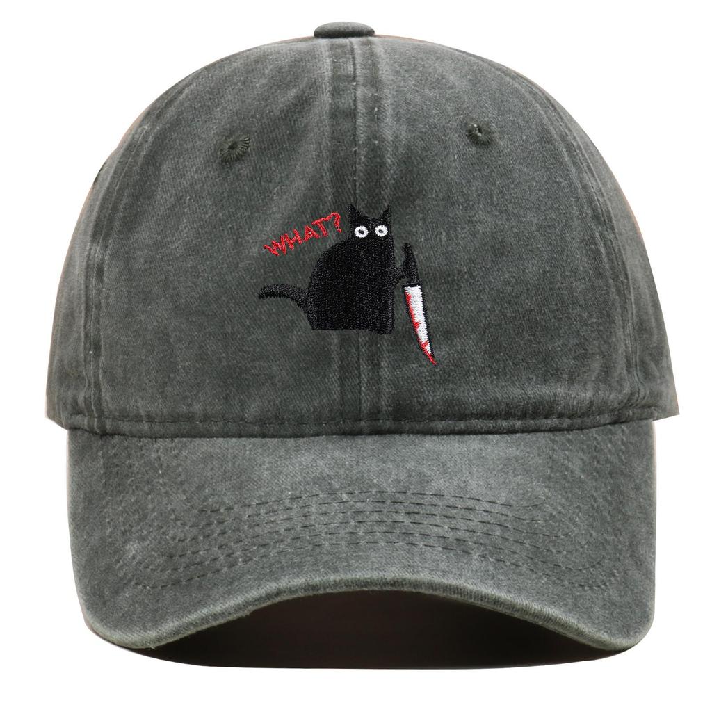 Unisex Black Cat Embroidered Washed Baseball Cap - Outdoor Summer Sun Hat, Hip Hop Style
