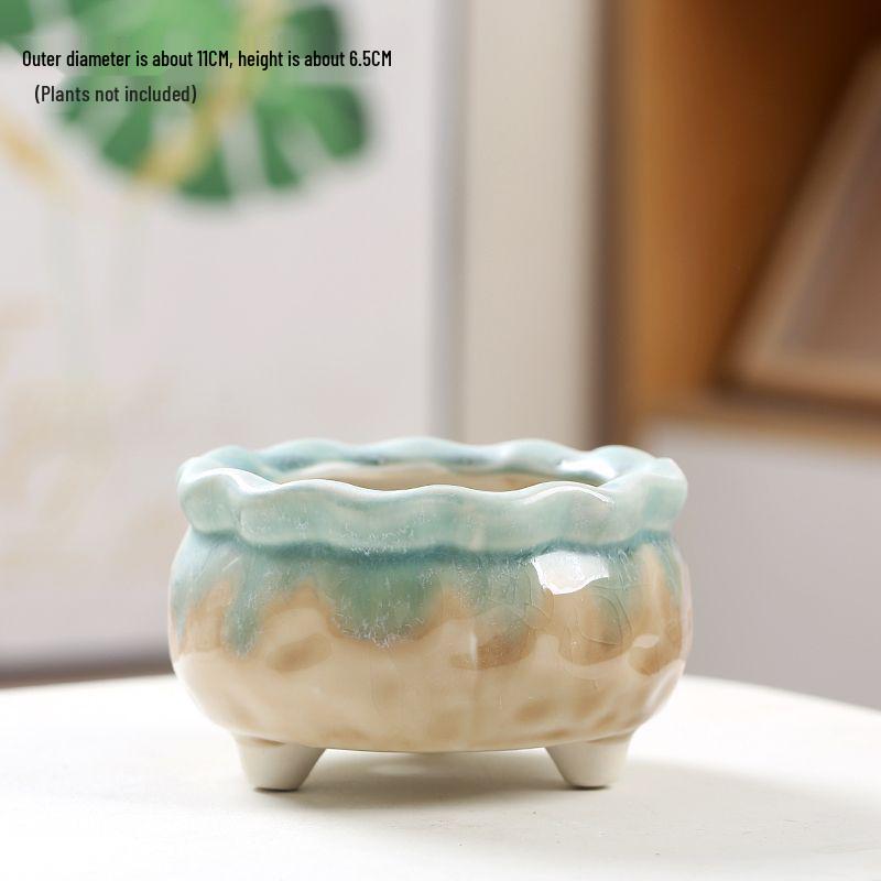 Ceramic Succulent Flower Pot with Ice Crack Glaze, Creative Design, Breathable with Drainage Holes.
