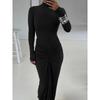 European and American Sexy Waist Hugging Solid Long Dress Temperament Pleat Dress Temperament Pleated Dress