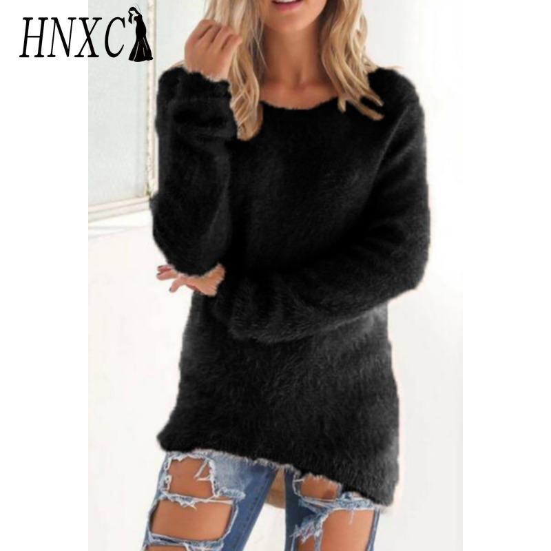 HNXC Women's Fashion Casual Solid Color Print Autumn Winter Long Sleeve O-Neck Loose Sweaters