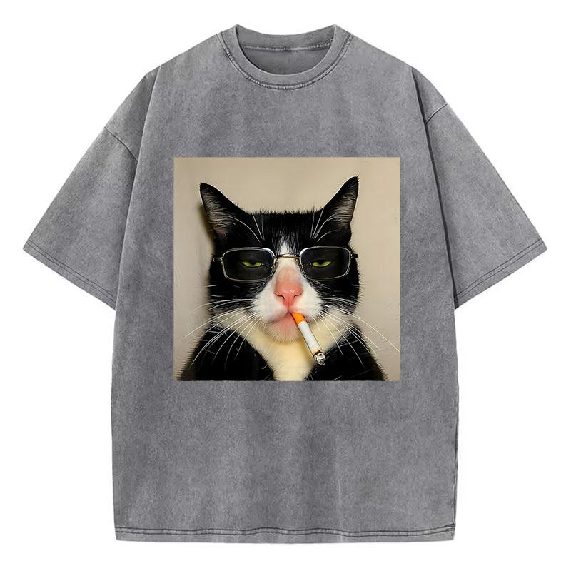 Oversize Cool T Shirt Vintage Washed Cotton T-Shirt Hip Hop Smoking Cat Graphic Tee Casual Streetwear Spring Summer
