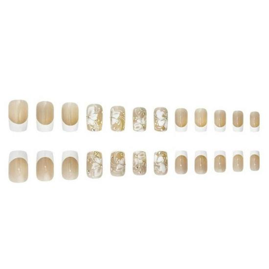 Trendy White French Flower Rhinestone False Nail Set with Glitter