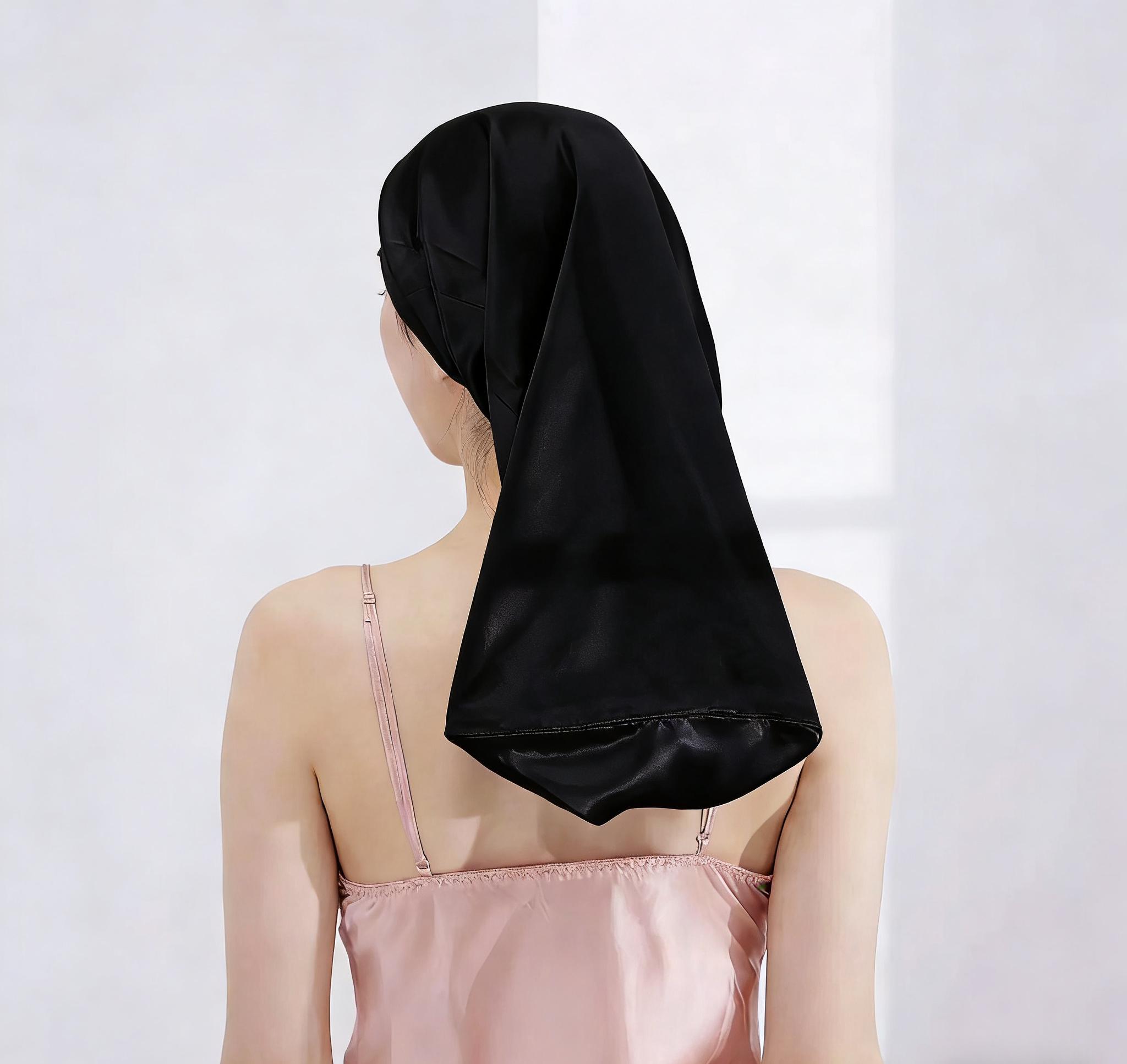 Luxury 19mm New Arrival Silk Bonnet 100% 6A Grade Mulberry Silk Long Bonnet Hair care with ribbons чёрный