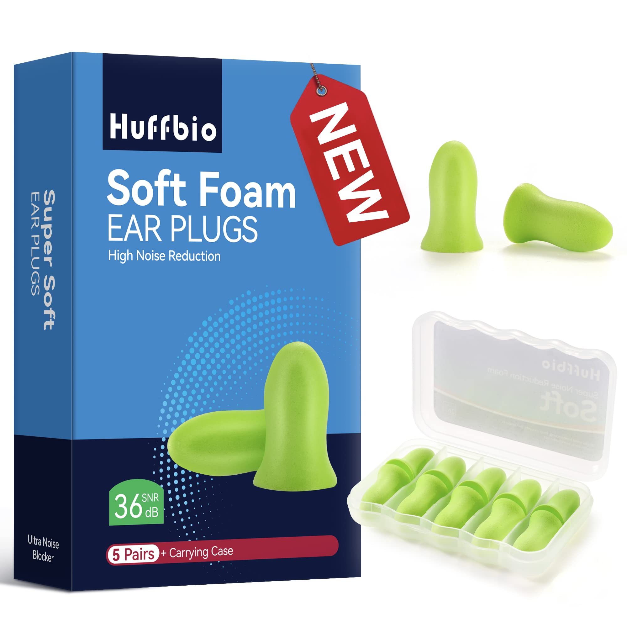 

HUFFBIO Revolutionary Sleep Soft 5 2023 New Noise Cancelling Super Soft for Deep Blocks and Work Earplugs, Foam, Pairs, -36dB, Design, & Reusable,