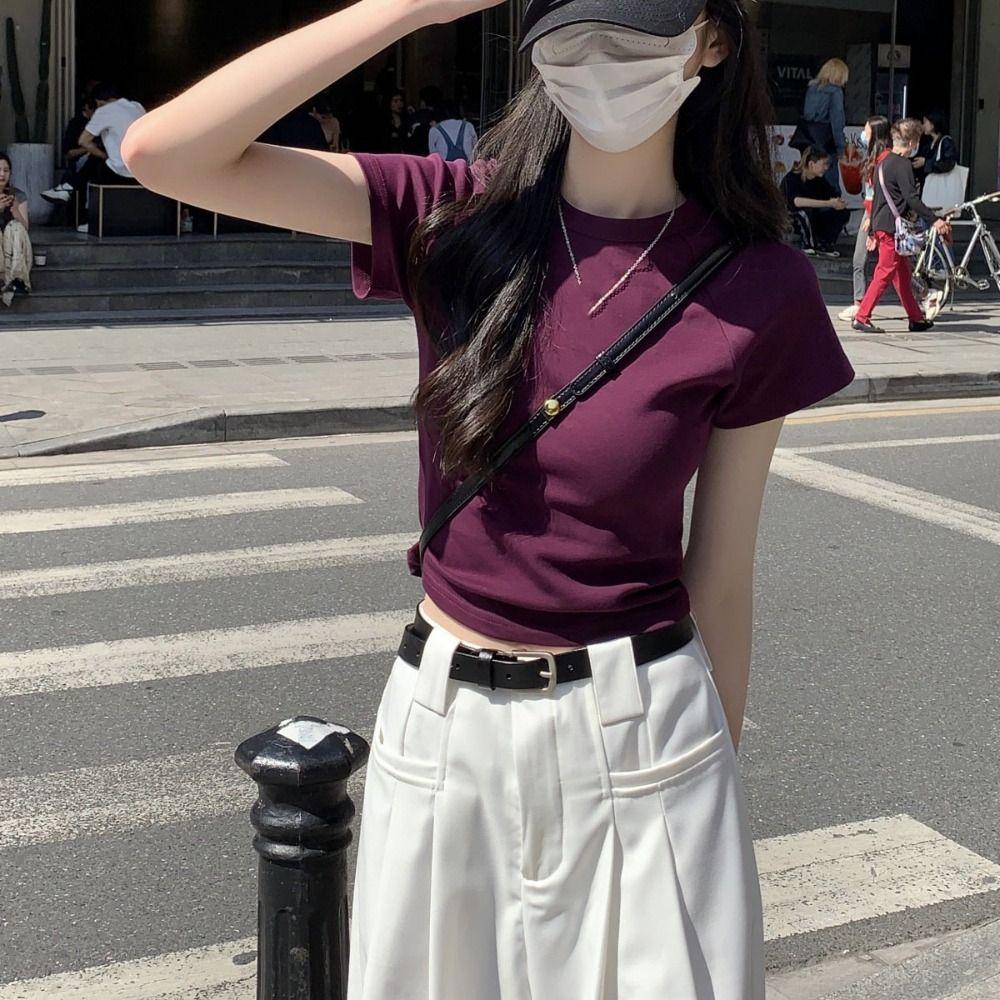 Chic Y2K Crop Top Solid Color Tees Shirts Women Simple Short Sleeve T-shirt Streetwear