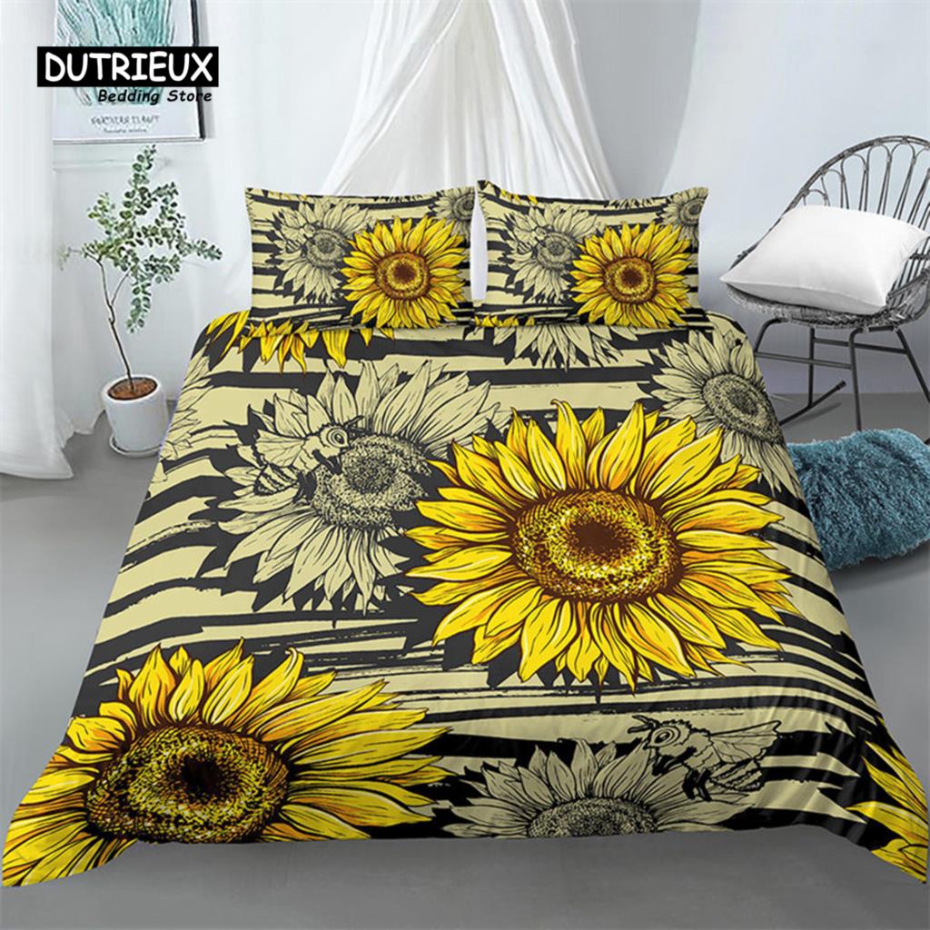 Sunflower Bedding Set Modern Microfiber Yellow Flowers Print Duvet Cover Alluring Sunflowers Summer Inspired Design Quilt Cover