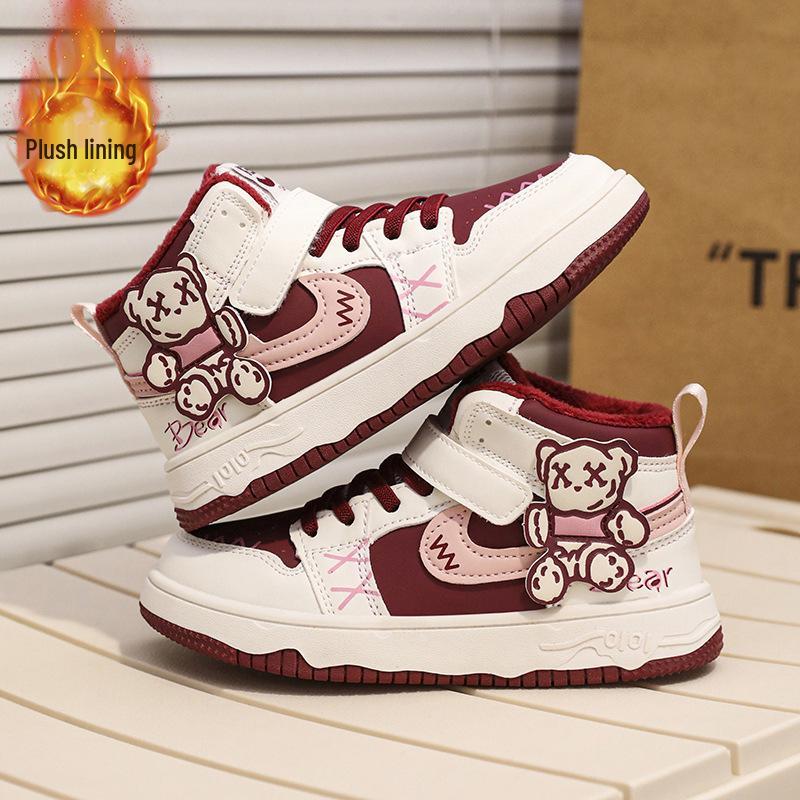 Boys' and Girls' Chinese Red Winter 2025 Sports Shoes - Unisex Cotton with Velvet Lining