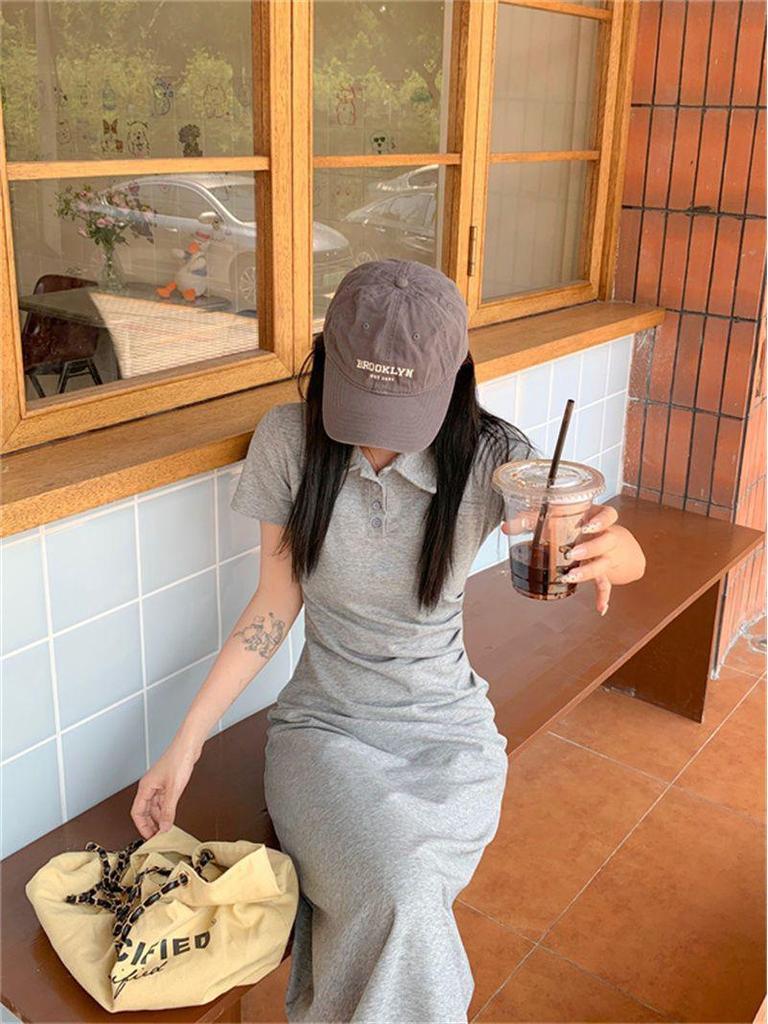 Women's Embroidered Polo Collar Short-Sleeved T-Shirt Dress - Waist-Cinching Slim Summer Long Skirt, Academy Style.