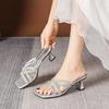 Fashion Crystal Narrow Cross Band Women Slippers High Heels Party Shoes Woman Luxury Rhinestone Summer Slides Strange Heel Sandalias