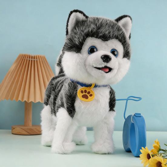 Elektryczna Pluszowa Zabawka Pies z Smyczą Liżący Język Chodzący Szczeniak Pluszak z Czujnikiem Dotykowym