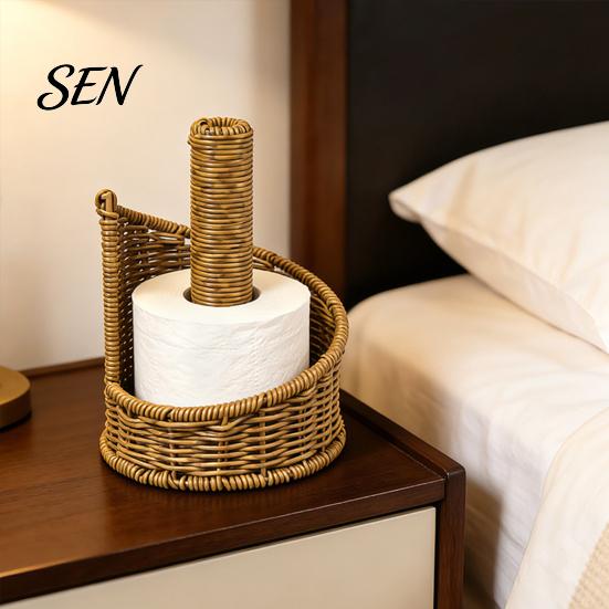 Decorative Tissue Holder Imitation Rattan Toilet Paper Holder, Round Woven Towel Dispenser, Functional Decor Boho Organizer for Bathroom Countertop