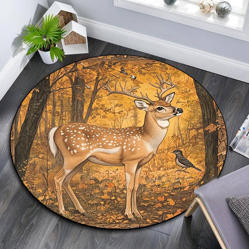 Forest Deer Round Area Rug,Carpet Rug for Living Room Bedroom Sofa Playroom Decor,Non-slip Floor Mat