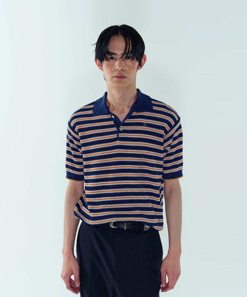 Noiseu Ribbed Striped Knit Polo Shirt - Navy