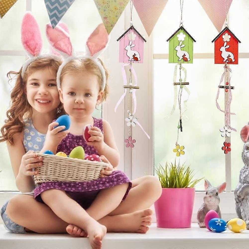 3 Pieces Spring Wooden Easter Bunny Decoration Easter Decoration, Rabbit House Easter Pendant,Wooden