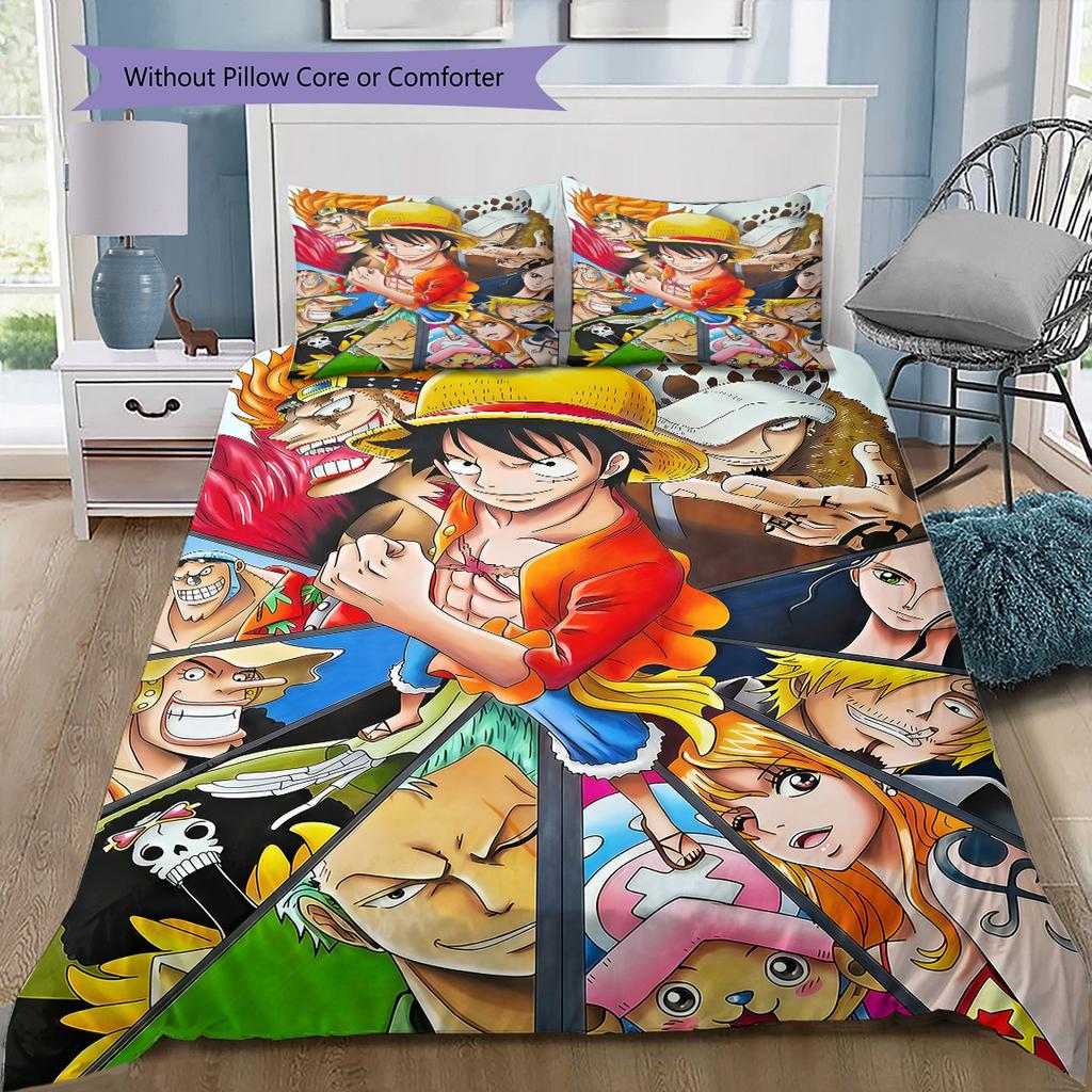 Anime One Piece Pattern Bedding Quilt Set Quilt Cover Pillowcase Home Birthday Gift(1 * Duvet Cover + 2 * Pillowcase, Without Core)