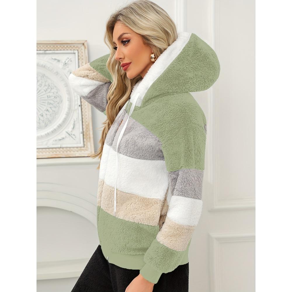 Damen Mehrfarbiger Flauschiger Kapuzenmantel, Lockere Warme Plüschjacke für Herbst Winter