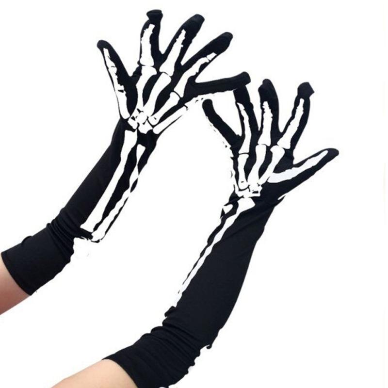 Halloween Skeleton Gloves Short Long Full Finger Bone Print Mittens Dress Party Costume Accessories for Women Men