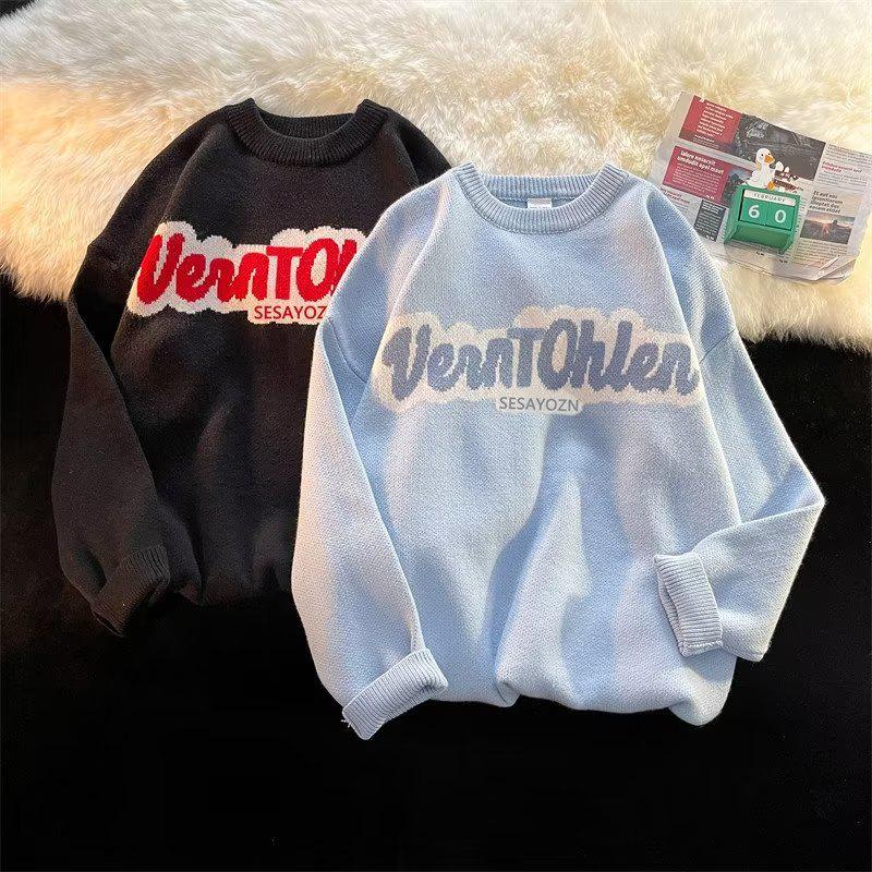 Men's Japanese Lazy Style Round Neck Sweater - Trendy Loose Fit Knitwear with Casual Letter Towel Embroidery