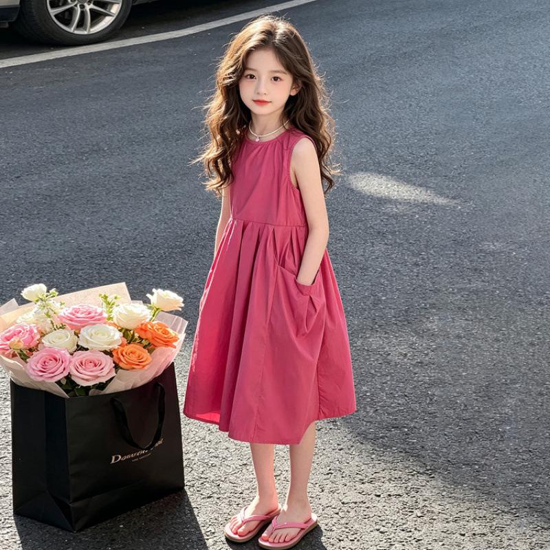 2026 Girls Korean Style Sleeveless Summer Dress - Solid Color Tank 160cm