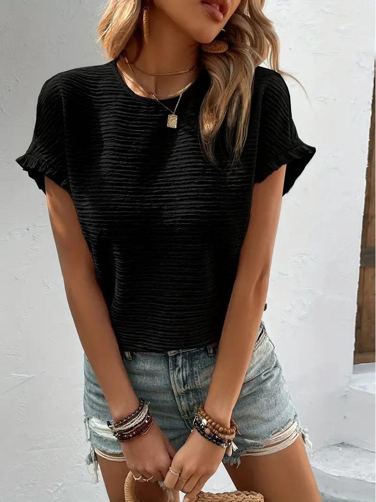 Elegantní jednobarevné dámské tričko s kulatým výstřihem, volným střihem a krátkým rukávem - Sváteční ležérní styl