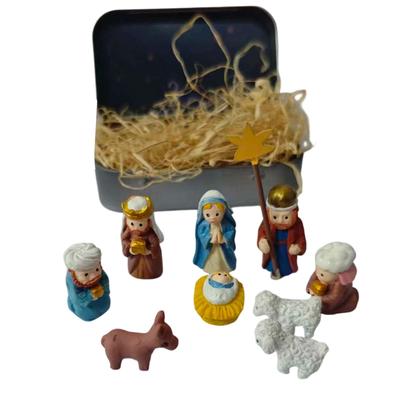 Portable Mini Tin Box Nativity Set 3D Holy Family Figurines Religious Christmas Ornament for Desk Shelf Bedroom Living Room