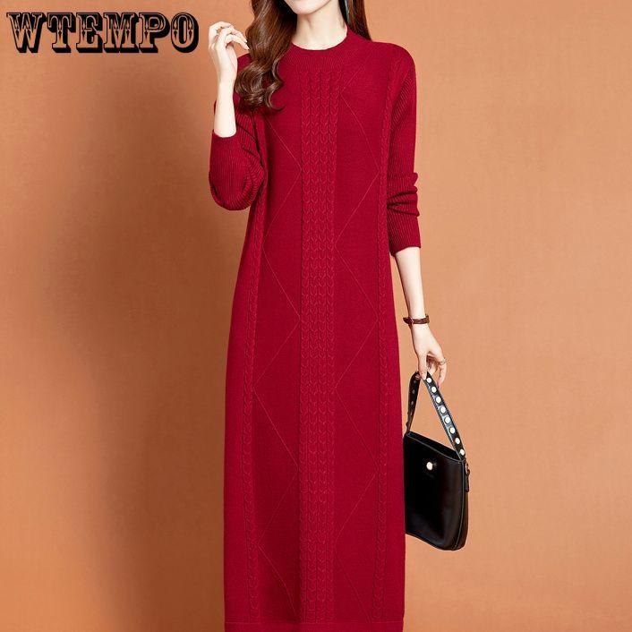 Knitted Dress for Women Mid-length Straight Sweater Dress Long Pullover Loose Knitted Sweater Knee-length Base Sweater