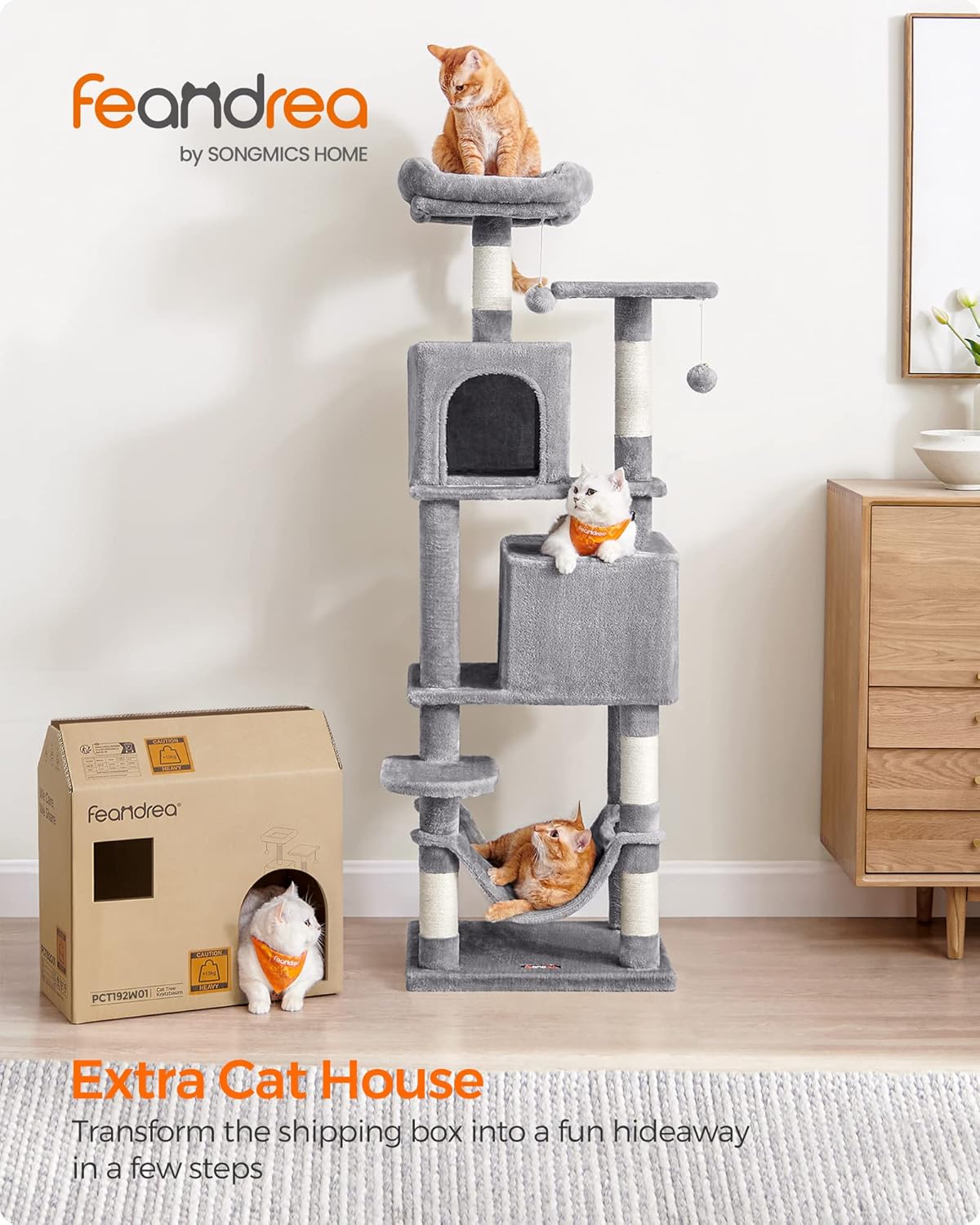 

61-Inch Cat Tree with 5 Scratching Posts, 2 Perches, 2 Caves, Hammock & Pompoms, Light Gray 61 Inches