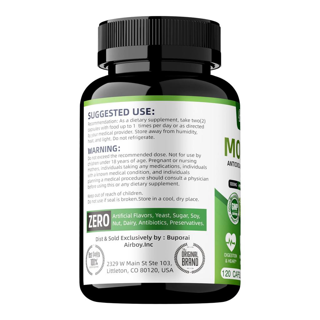 Cápsulas de folhas de moringa, 1000 mg por dose, antioxidante, melhora a saúde da pele e das articulações, adequado para adultos.