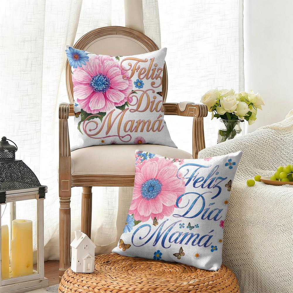 Feliz Dia MaMa Flowerss Cushion Cover Natural Linen Organic Fabric DoubleSided Printing Sofa Home Decor Gift Pillow Cover