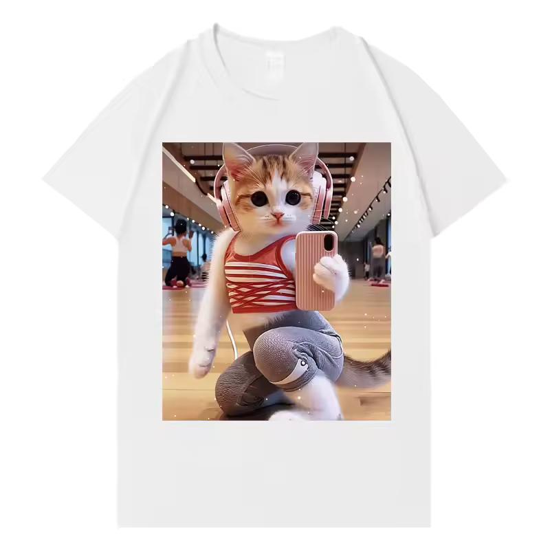 Funny Cat Gym Graphics T Shirt Fashion Short Sleeve Tee Summer Tide Print Hip Hop Tops Women Sports Cozy Clothing