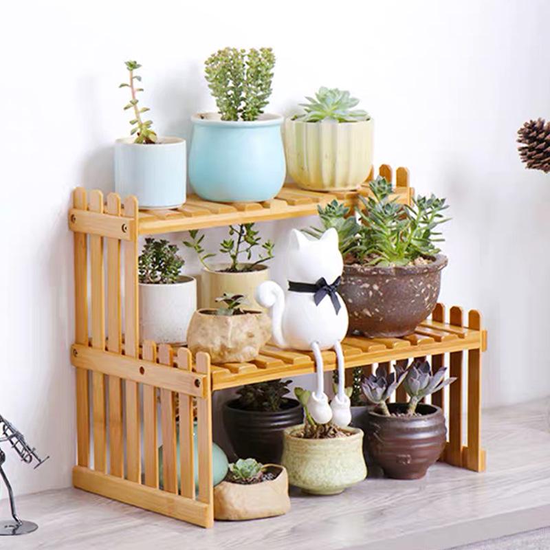 Mini Bamboo Desktop Flower Stand for Office or Window Sill - Wooden Potted Plant and Storage Rack.