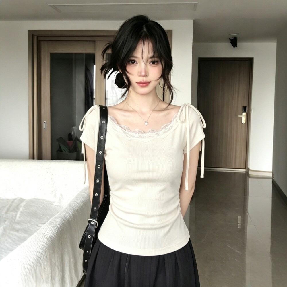 [Grazhi Refined Cotton] Spice Girl Style Strap Short Sleeve T-Shirt Women's Summer Lace Splicing Slim Skinny Top