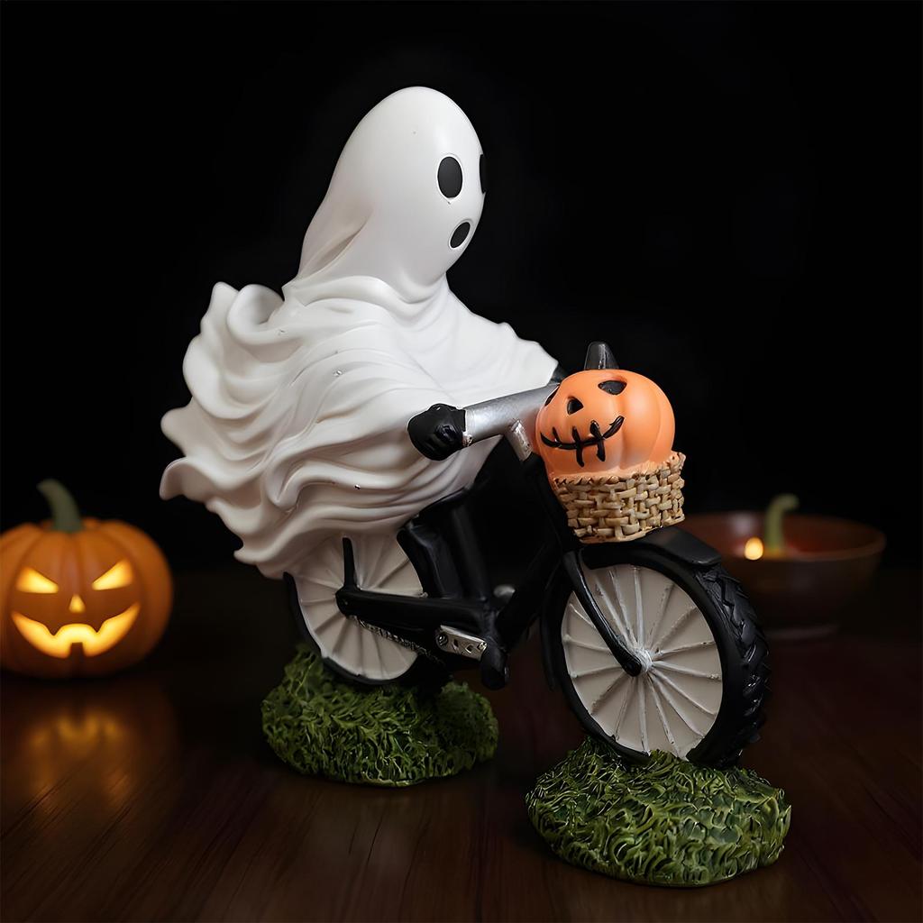 Ghost Figurine Halloween ghost riding a bicycle ornaments ghost resin crafts Halloween Figurine Seasonal Desk Display Ornaments