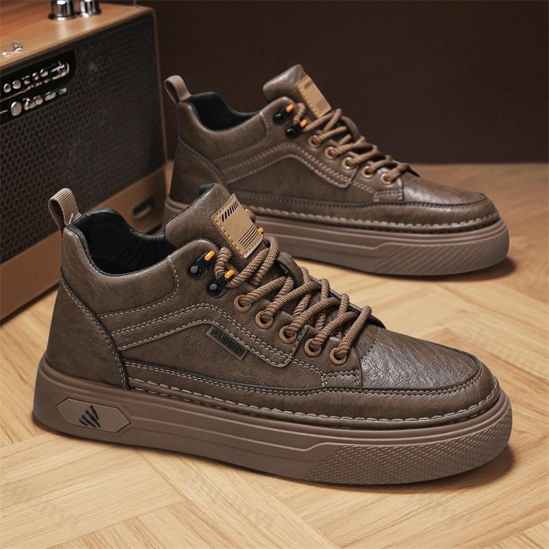 Men's Casual Leather Shoes 2026 Autumn New Non Slip High Top Vintage Workwear Boots Lace Up Height Increase Comfort Board Shoes