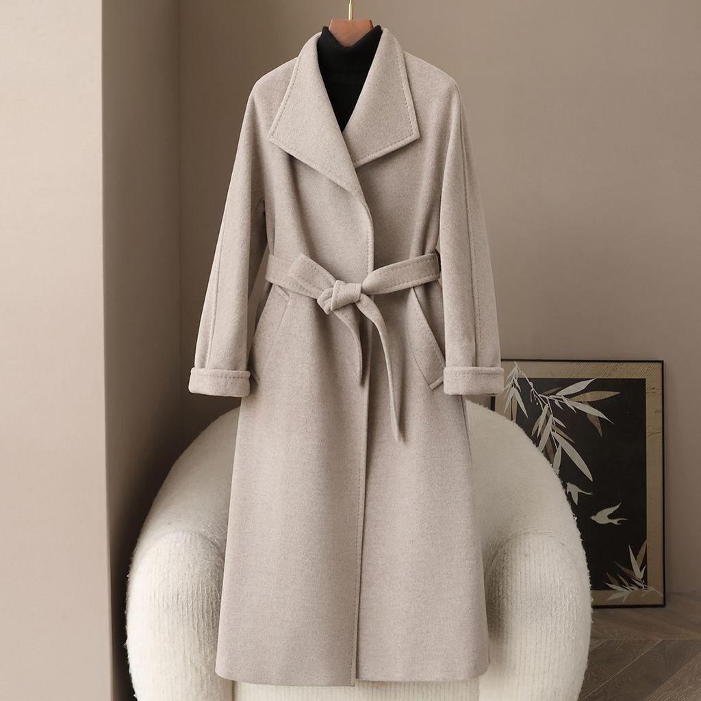 Women's 2026 Spring New Long Wool Double-Faced Coat with Large Lapel and Belted Waist