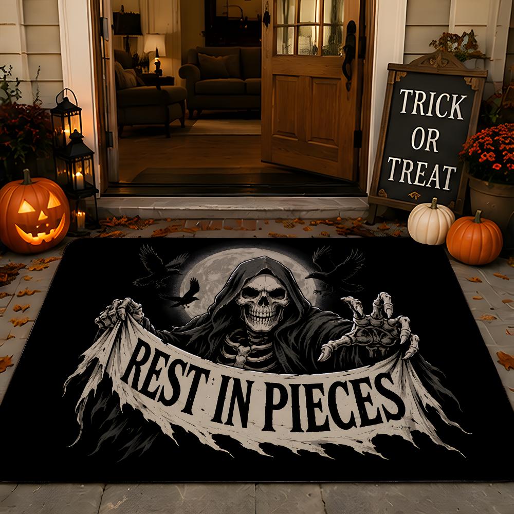 Dark Skeleton Halloween Banner Signs Floor Mat Festive Decorative Flannel Non-Slip Washable Mat for Entry & PartyParty-Ready