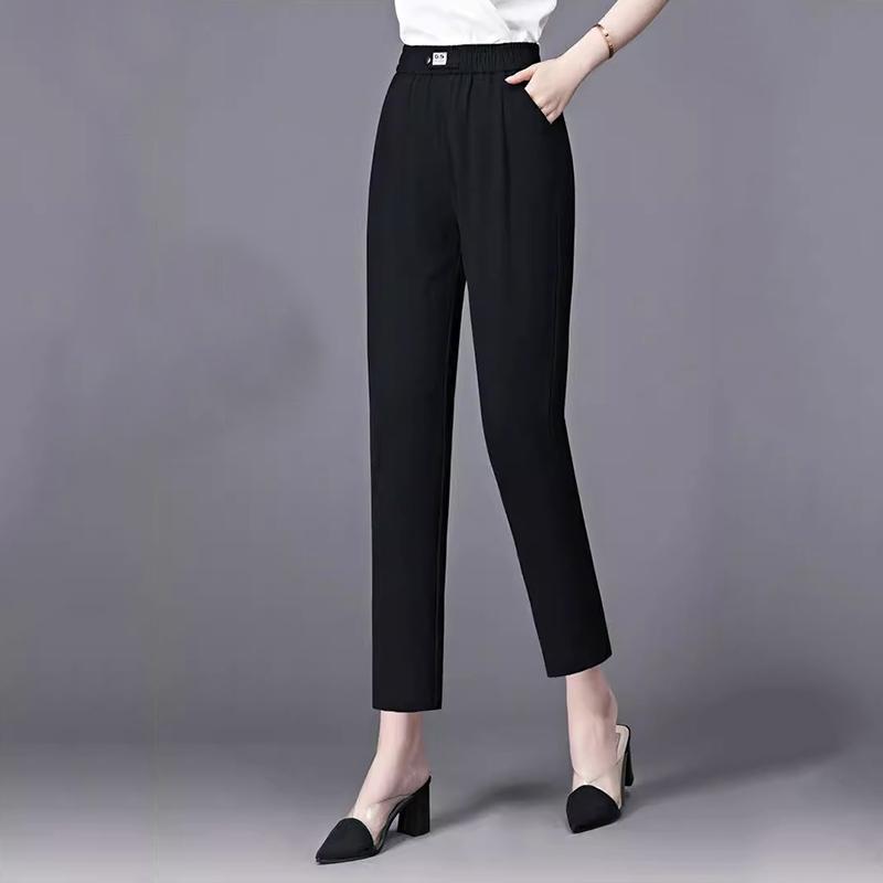 Summer Thin Ice Silk Cropped Casual Harlan Pants Women Solid Elastic Waisted Pockets Fashion Versatile Loose Straight Trousers
