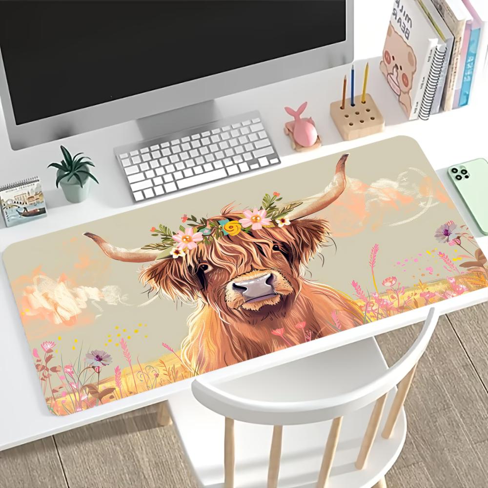 Vintage Highland Cow Floral Gaming Mouse Pad AntiSlip Rubber Desk Mat Stitched Edges For Pc Laptop Home Office Setup
