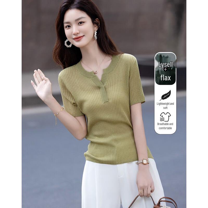 Demana Women's Summer Breathable Linen-Lyocell Blend V-Neck Knit Top