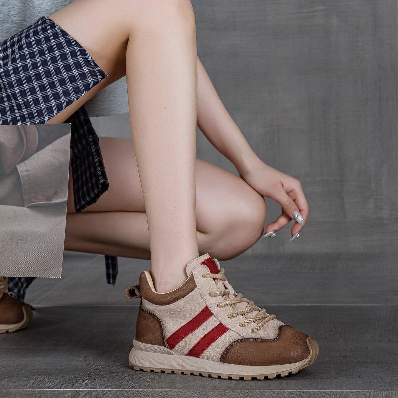 First Layer Cowhide Women's Shoes Autumn New Leather Retro Lace-up Heightening Lightweight High-top Women's Shoes